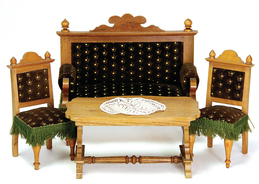 furniture program for dollhouse living room, sofa, wood: furniture program for dollhouse living room, sofa, wood with fabric covered, width : 16 cm, heigth : 15 cm, 2 chairs, and also a table, very nice original condition German Description Möbelprogramm f