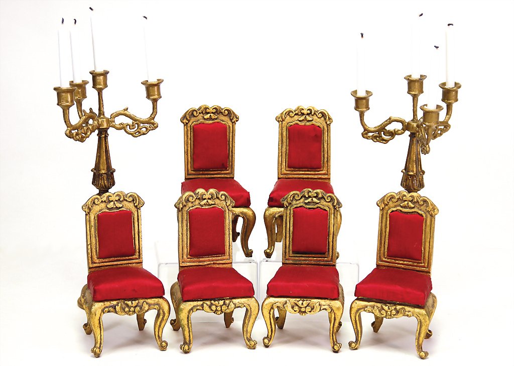 dollhouse set of chairs, in baroque style, age ?, 6: dollhouse set of chairs, in baroque style, age ?, 6 pieces, heigth : 13 cm, with 2 lamp s, 23 cm, for a stately room German Description Puppenstuben-Stuhlset, im Stil des Barock, Alter?, 6 Teile, H: 1