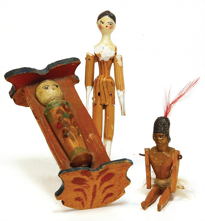GRÖDNERTAL 2 wooden dolls, Indian, 8 cm, 1 doll 10.5: GRÖDNERTAL 2 wooden dolls, Indian, 8 cm, 1 doll 10.5 cm, 1 mastiff with cradle, early, 9.6 cm German Description GRÖDNERTAL 2 Holzpuppen, Indianer, 8 cm, 1 Puppe 10,5 cm, 1 Dogge mit Wiege, früh, 9