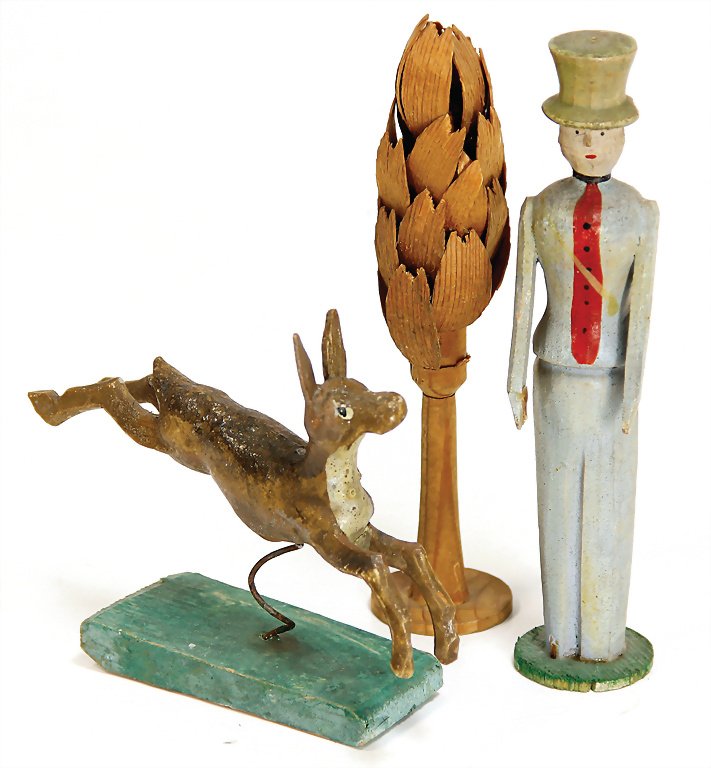ERZGEBIRGE 3 pieces, man with cylinder and nose, 12 cm,: ERZGEBIRGE 3 pieces, man with cylinder and nose, 12 cm, 1 jumping deer with wheel spring, wood, carved, in color, 1890, with 1 tree German Description ERZGEBIRGE 3 Teile, Mann mit Zylinder u. Nase, 12