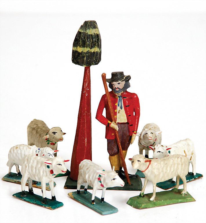 GRULICH MÄHREN c. 1860, shepherd, with tree, heigth :: GRULICH MÄHREN c. 1860, shepherd, with tree, heigth : 13.5 cm, 7 sheeps, wood, carved, color ed German Description GRULICH MÄHREN ca. 1860, Schafshirte, mit Baum, H: 13,5 cm, 7 Schafe, Holz, geschni