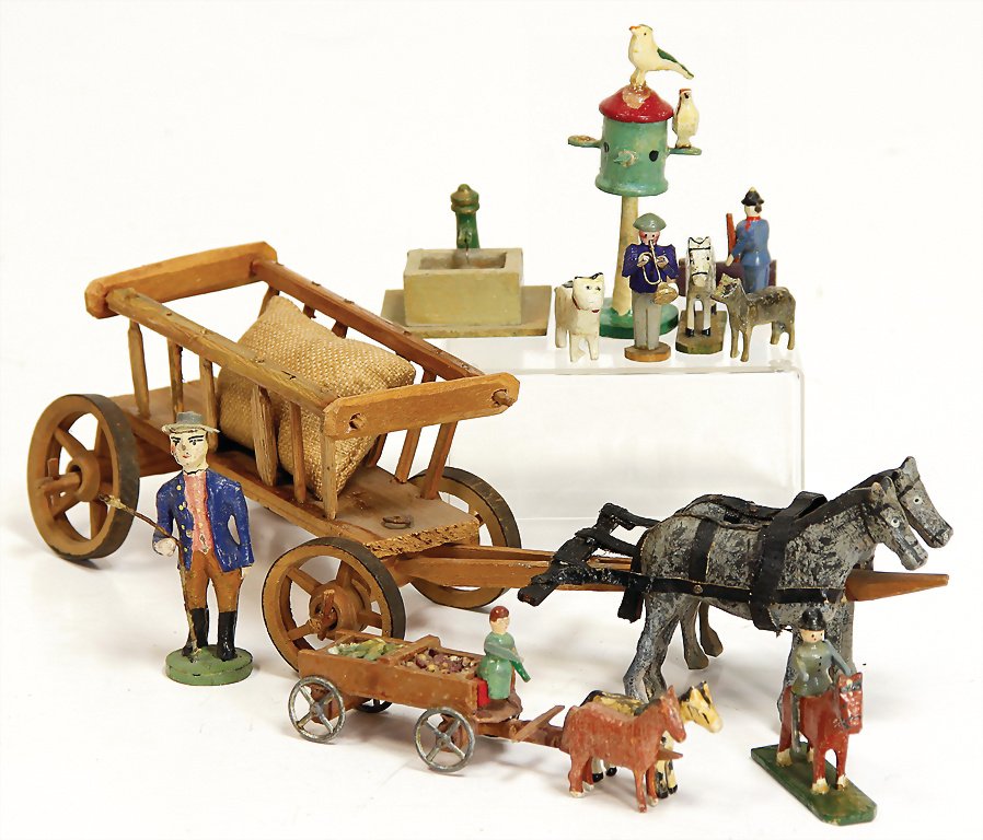 ERZGEBIRGE cart, with 2 draught horses, mass figure,: ERZGEBIRGE cart, with 2 draught horses, mass figure, cap knocked, heigth : figure 6 cm, lenght : cart 22 cm, some Erzgebirge miniature figures, well, dovecot German Description ERZGEBIRGE Leiterwagen,