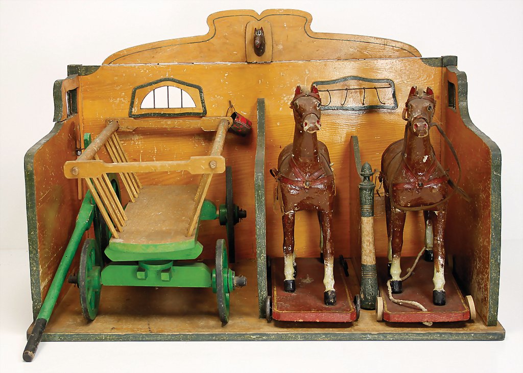stable, c. 1890. width : 64 cm, heigth : 42 cm, depth :: stable, c. 1890. width : 64 cm, heigth : 42 cm, depth : 40 cm, 2 draught horses, at the snout damaged, cart, old painting with scratches on the paintwork that are caused of old age German Description