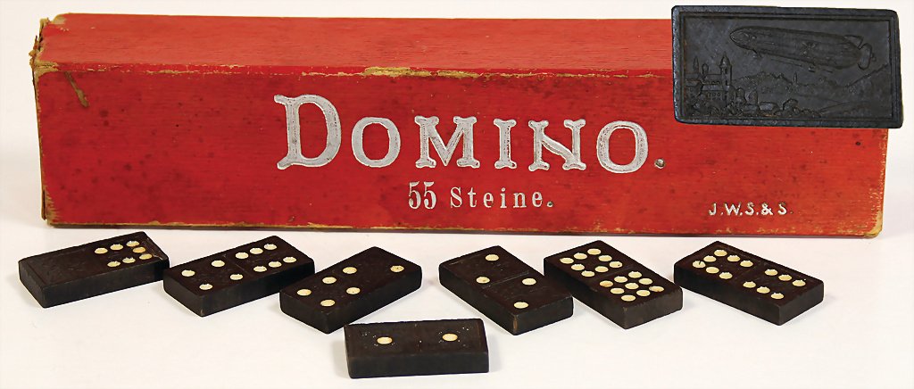 dominoes, J.W, S & S, stones, on the back with zeppelin: dominoes, J.W, S & S, stones, on the back with zeppelin motif, around 1910, completeness was n't checked, probably except of a few stones in complete condition German Description Domino, J.W, S & S, S
