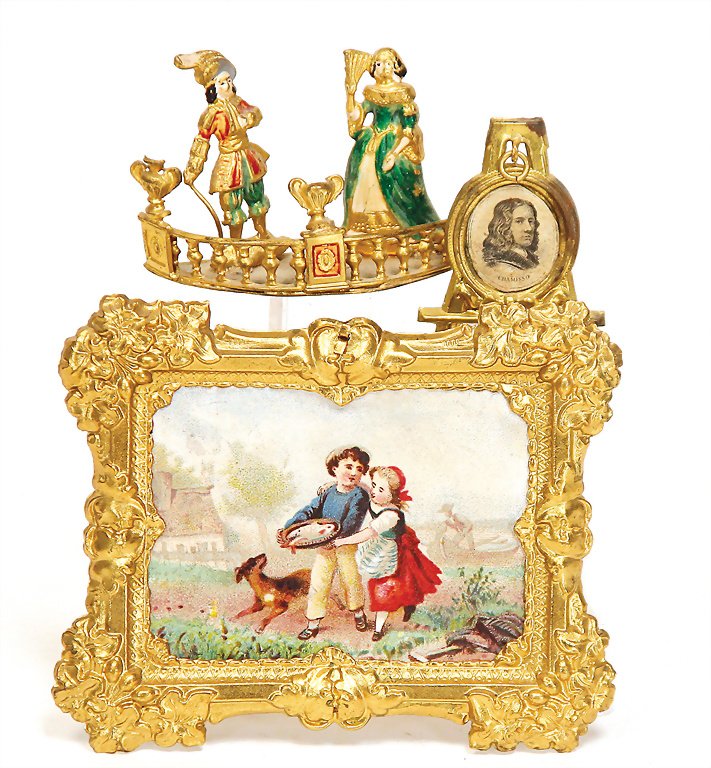 ERHARD & SÖHNE gilded brass/sheet metal, dollhouse: ERHARD & SÖHNE gilded brass/sheet metal, dollhouse picture, small table picture, 1 small shelf with figures, 1 ornament is missing German Description ERHARD & SÖHNE Messing/Blech vergoldet, Puppenst