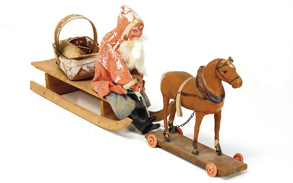 papier mâché Santa Claus with wooden sledge, 27 cm,: papier mâché Santa Claus with wooden sledge, 27 cm, felt clothes, 1 basket, point of the sledge at 1 side are break off, with 1 draft horse German Description Papiermaché Weihnachtsmann mit Holzsch
