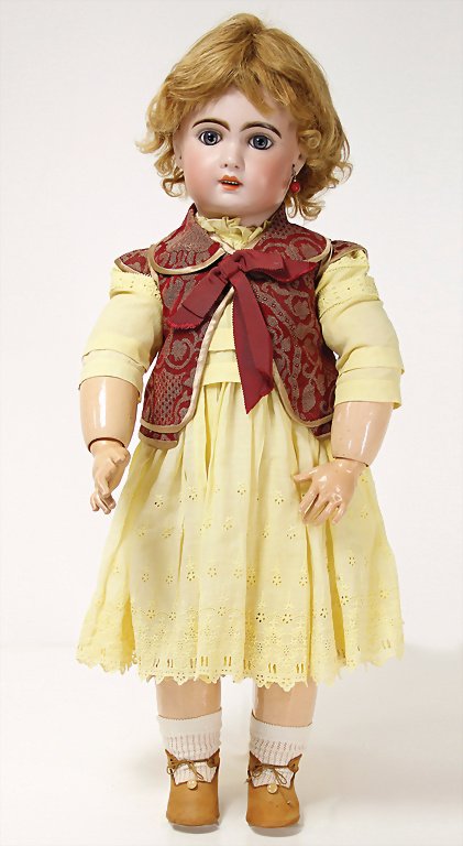 JUMEAU mark in the neck 13, blue fixed Paperweight: JUMEAU mark in the neck 13, blue fixed Paperweight eyes, opened mouth, line of upper teeth, pierced ears, French jointed body, cork cover is more recent, hairline crack at the top of head in the back,
