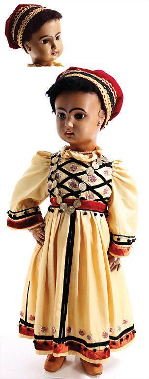 JUMEAU mulatto, bisque-porcelain-socket head, mark in: JUMEAU mulatto, bisque-porcelain-socket head, mark in the neck 11, dark colored bisque, brown fix inset Paperweight eyes, opened mouth, line of upper teeth, pierced ears, darker French jointed body, o