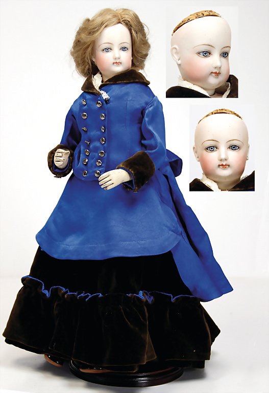 JUMEAU fashion doll France, marked 4, 42 cm, bisque: JUMEAU fashion doll France, marked 4, 42 cm, bisque socket head, blue fix inset Paperweight eyes, closed mouth, pierced earlobes, bisque shoulder headed, leather body with slightly bended legs, jointe