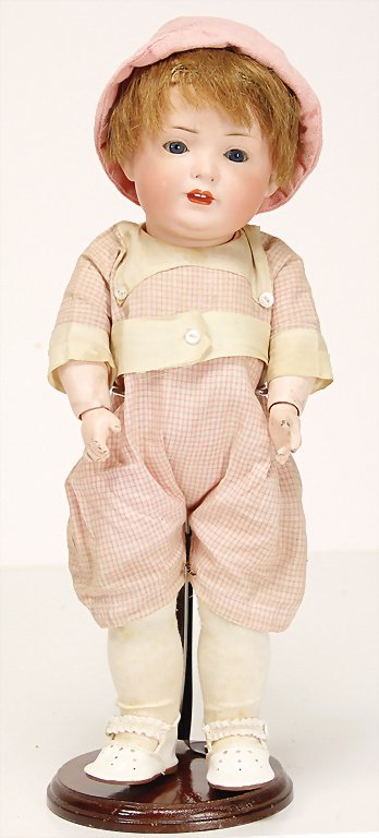 BRUNO SCHMIDT 585, biscuit porcelain, character baby,: BRUNO SCHMIDT 585, biscuit porcelain, character baby, size 4, 33 cm, socket head, blue sleepy eyes, opened/closed mouth, modelled upper teeth, toddler body, mohair wig German Description BRUNO SCHMIDT