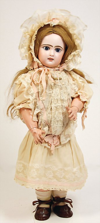 doll bisque head, France, marked R9.R, bisque socket: doll bisque head, France, marked R9.R, bisque socket head, blue fix inset glass eyes, pierced ears, French jointed body, real hair wig, 57 cm, clothes old or sewed of old fabric German Description Bis