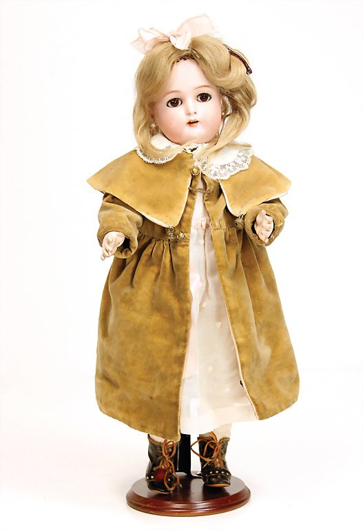 KÄMMER & REINHARDT Simon & Halbig, doll bisque head, 38: KÄMMER & REINHARDT Simon & Halbig, doll bisque head, 38 cm, brown sleepy eyes, have to be new fixed, fixed from inside, old mohair wig, formed jointed body, old underwear, very nice old boots, coat o