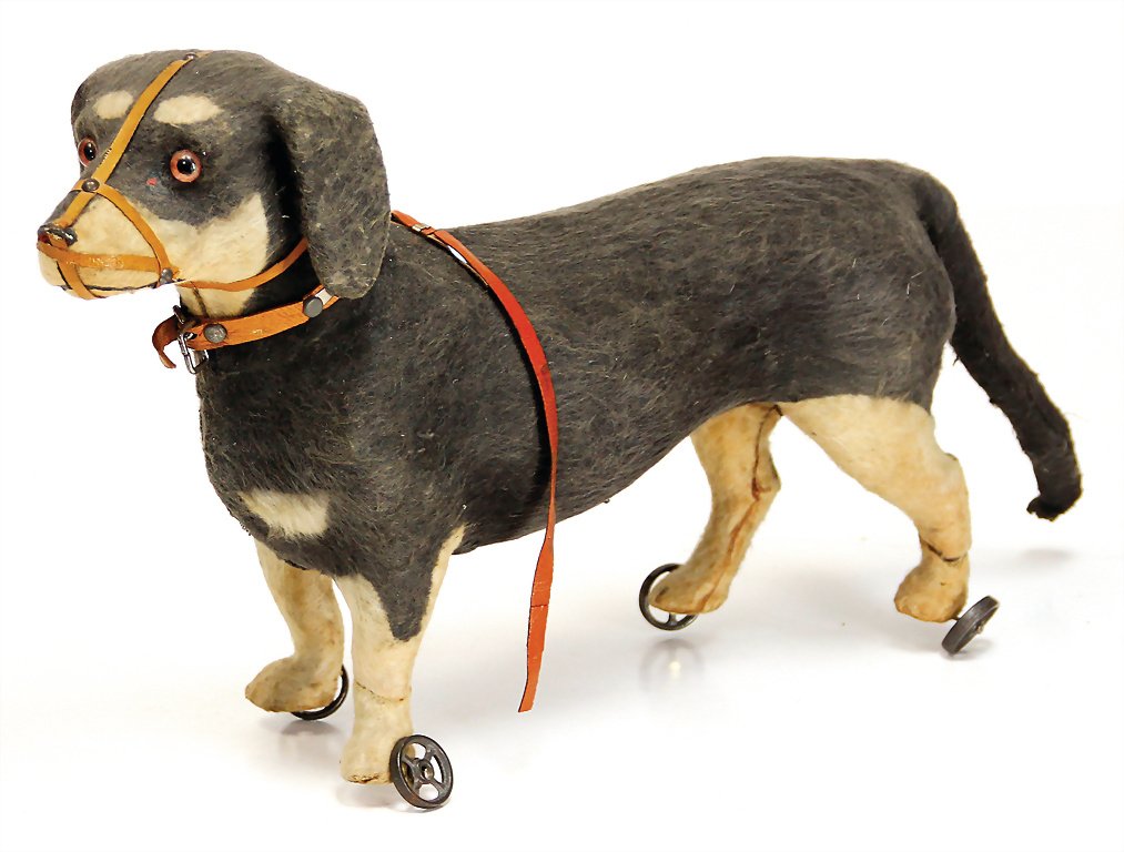 papier mâché dog, fabric covered, on cast spoke wheels, (1 of 1)