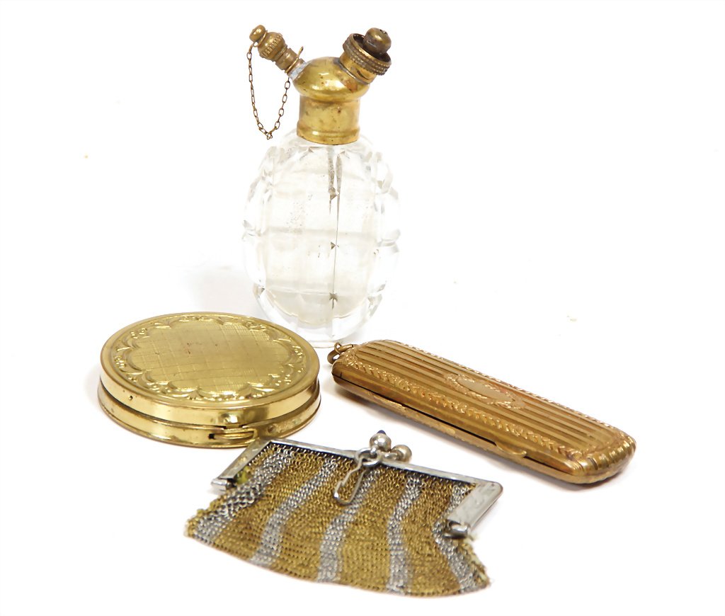 perfume bottle, 7.5 cm, small bag, 6 cm, casket, gold (1 of 1)