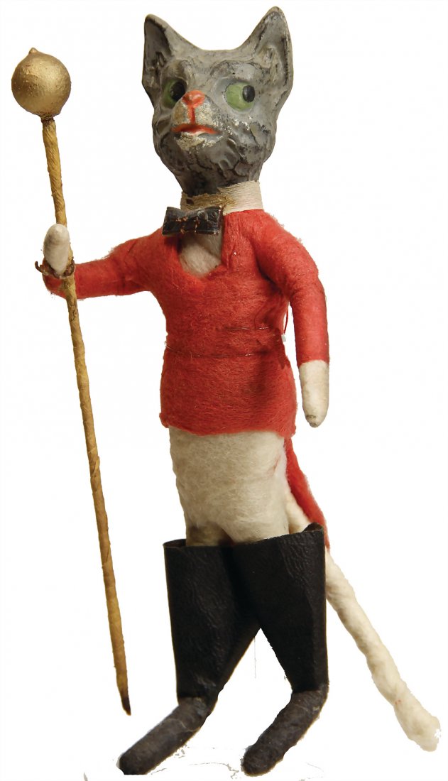 Christmas tree decoration, puss in boots, mass head,: Christmas tree decoration, puss in boots, mass head, cotton wool body, 13.5 cm, good condition German Description Christbaumschmuck, gestiefelter Kater, Masse-Kopf, Watte-Krper, 13,5 cm, guter Zust.