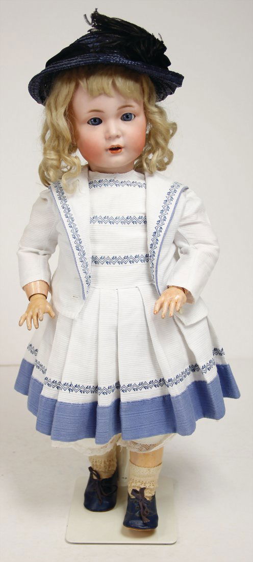SIMON & HALBIG 112, biscuit porcelain character doll,: SIMON & HALBIG 112, biscuit porcelain character doll, 50 cm, blue sleepy eyes, opened mouth, upper teeth, dimple at chin, jointed body, nice thick old mohair wig, old clothes, underwear, rare German D