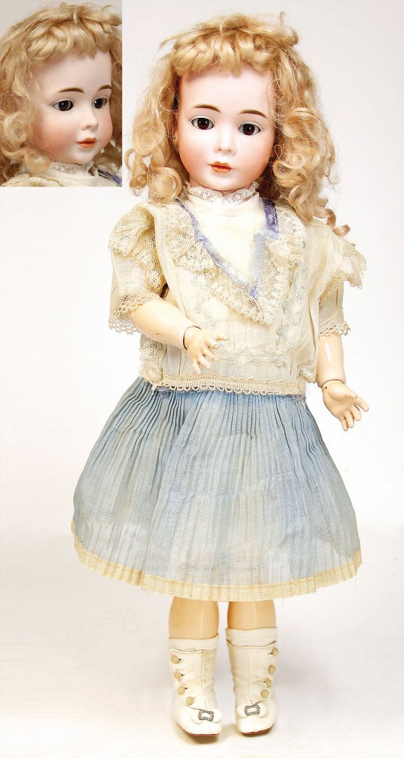 BRUNO SCHMIDT Wendy, marked 2033 BSW in a heart 537, 50: BRUNO SCHMIDT Wendy, marked 2033 BSW in a heart 537, 50 cm, bisque socket head, brown sleepy eyes, closed mouth, dimple at chin, pierced ears, jointed body, nice thick old mohair wig, old clothes, lea