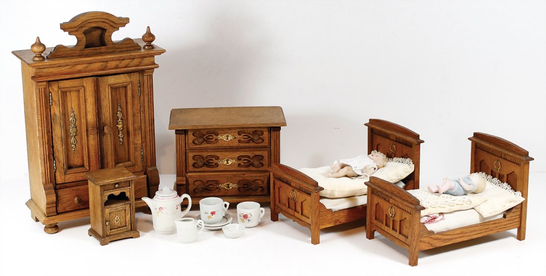 Puppenstuben-Schlafzimmer, Holz, 2 Betten, Länge (1 of 1)