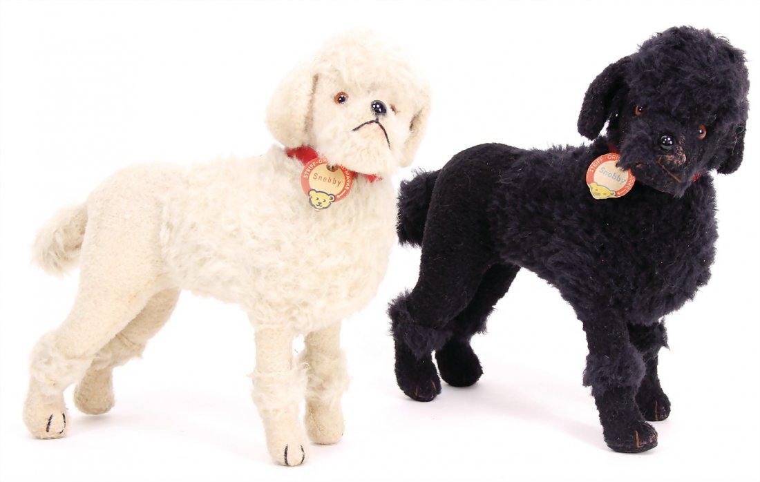 STEIFF Snobby, poodle, 1x light, completely, number on: STEIFF Snobby, poodle, 1x light, completely, number on cloth tag label is no more readable, 1x black, with chest label, without button and cloth tag label, worn, abrasion on the nose German Descriptio