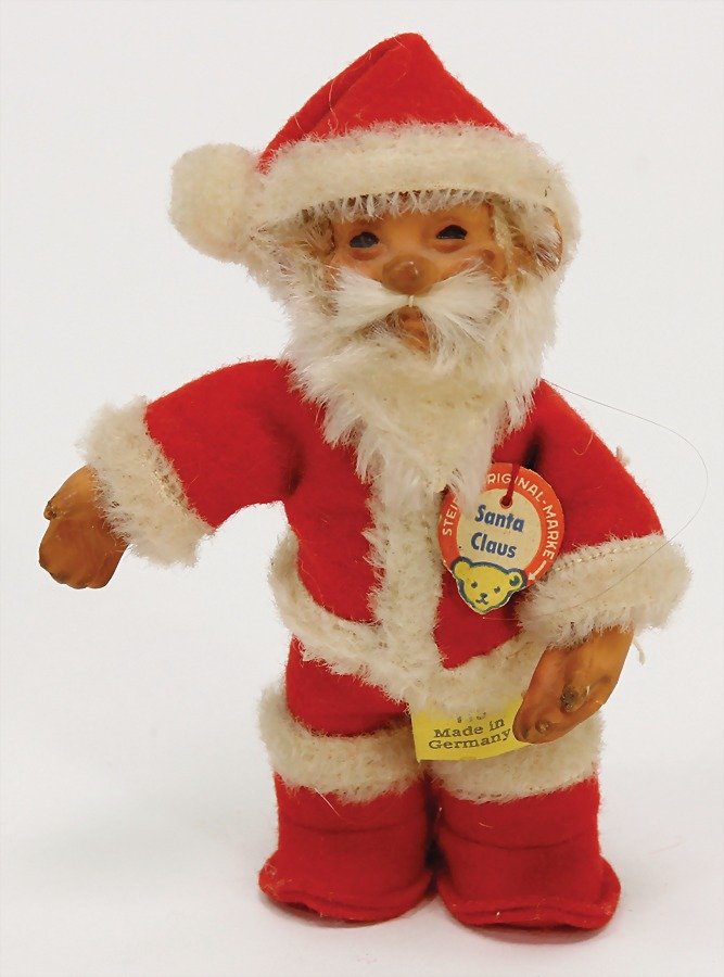 STEIFF Santa Claus, with button, chest label and cloth: STEIFF Santa Claus, with button, chest label and cloth tag label, No. 112, 11 cm, very good condition German Description STEIFF Santa Claus, mit Knopf, Schild u. Fahne, Nr. 112, 11 cm, sehr guter Zust