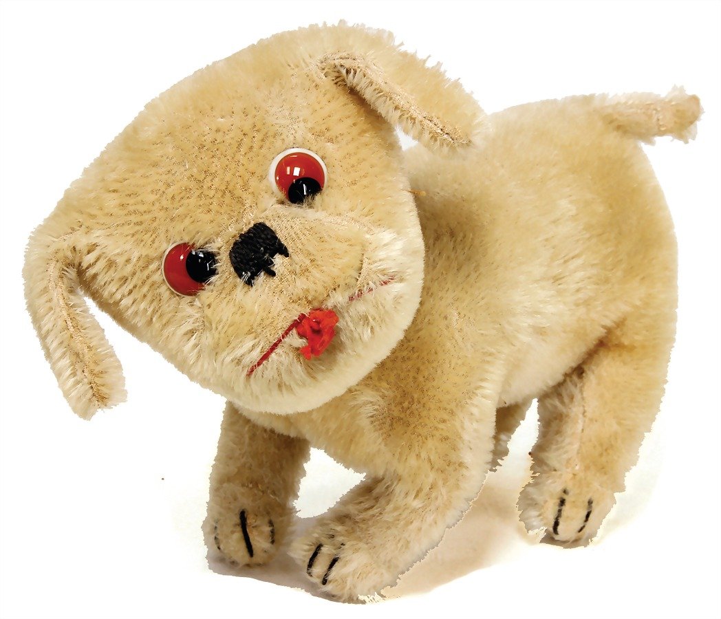 STEIFF dog Pip, mohair plush, with button, long (1 of 1)