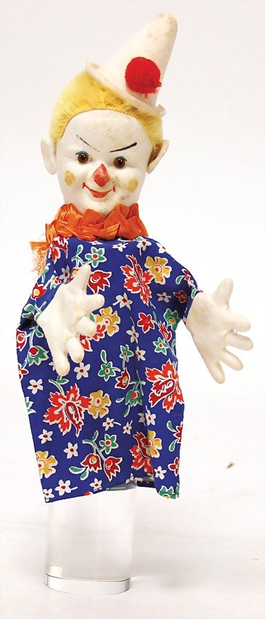 Punch puppet, clown, pre-war era, felt, glass eyes, (1 of 1)