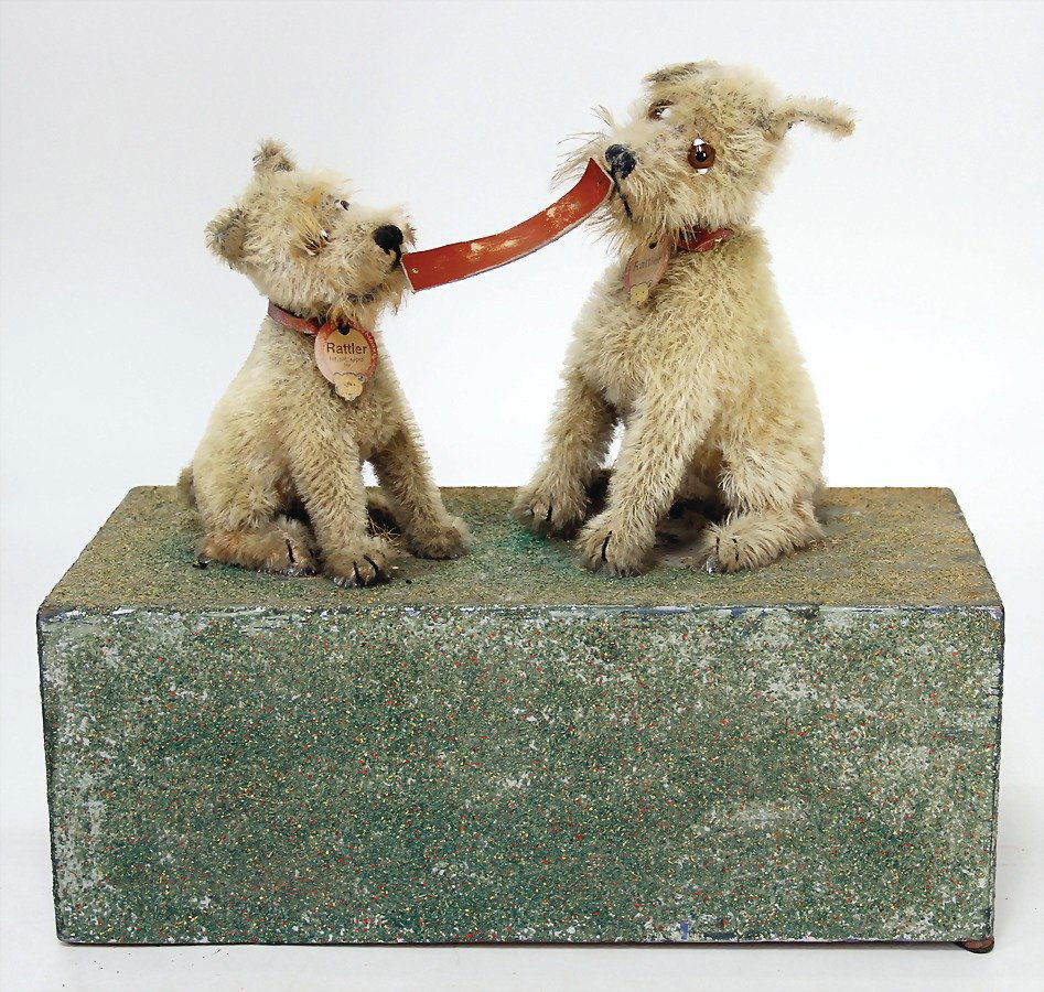 STEIFF 2 Rattler on a flocked mass body, rare, sitting, (1 of 3)