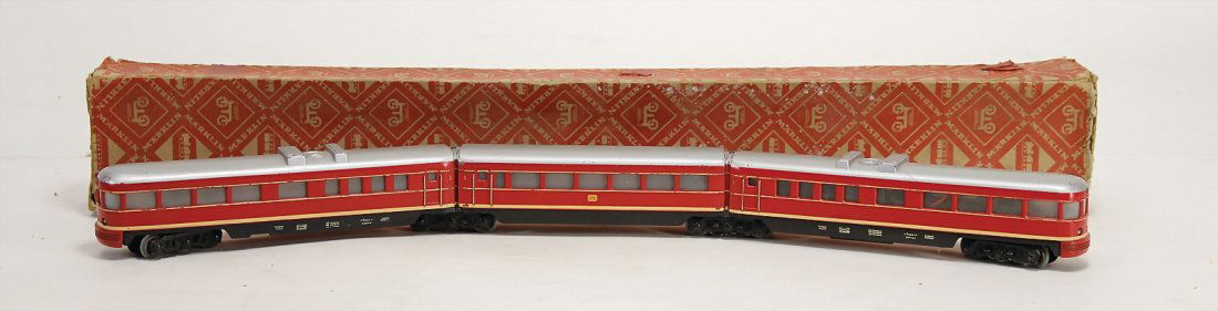 MÄRKIN H0, 3025, railcar, 3--part, 4 2-axled: MÄRKIN H0, 3025, railcar, 3--part, 4 2-axled revolving rack, red, casting, slightly used, with small paint defects that are caused of old age, in original box, box&nbsp; is slightly worn Germ