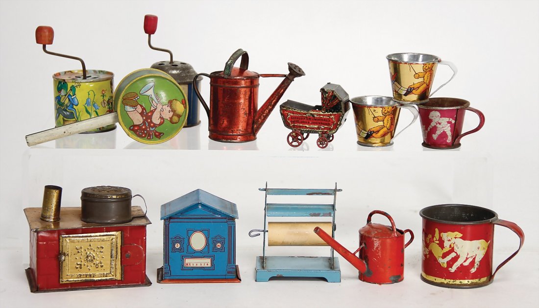 mixed lot, lithographedsheet metal, small pram, handle (1 of 1)