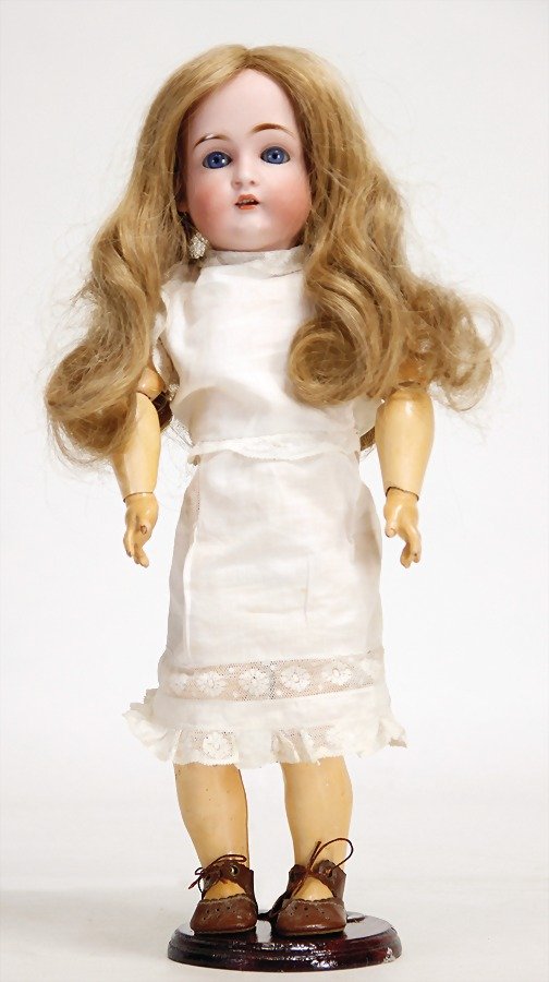 KESTNER 167, doll with bisque head, 34 cm, socket head,: KESTNER 167, doll with bisque head, 34 cm, socket head, blue sleepy eyes, opened mouth, upper teeth, jointed body, old clothes and shoes, wig is more recent, the original plaster cover wasn't removed,