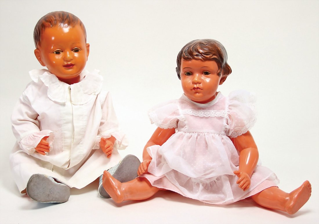 SNF 2 Celluloid-Puppen, 1 x gem. 64, blaue Schlafaugen, (1 of 1)