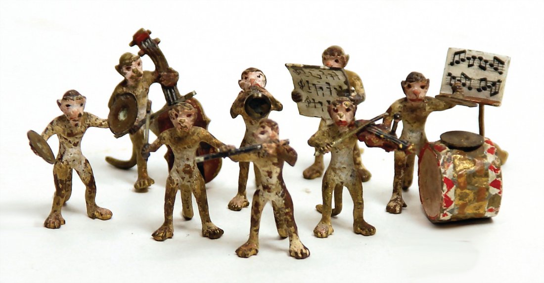 wohl WIENER BRONZE Affenband, 8-tlg., mit Notenstä: wohl WIENER BRONZE Affenband, 8-tlg., mit Notenständer, 3 cm, plastisch, schöne Dekoration f. eine Puppenstube German Description wohl WIENER BRONZE Affenband, 8-tlg., mit Notenständer,