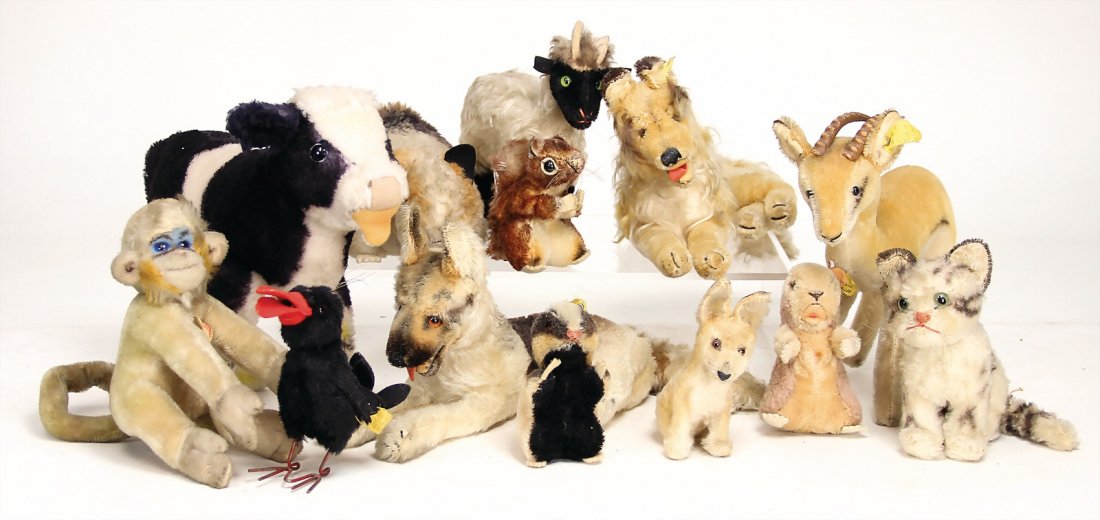 STEIFF 13 Teile, 60er Jahre bis neuer, bespielt, wenige: STEIFF 13 Teile, 60er Jahre bis neuer, bespielt, wenige mit Knopf, meist ohne Knopf u. Schild, Katze, Hunde, Eichhörnchen, Kuh, Bock, etc. German Description STEIFF 13 Teile, 60er Jahre bis neuer