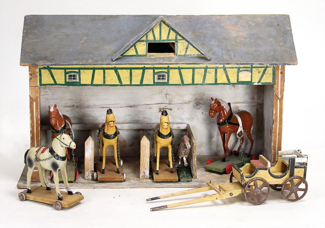 Stall, ca. 1910, 47 cm breit, 30 cm hoch, Holz farbig (1 of 1)