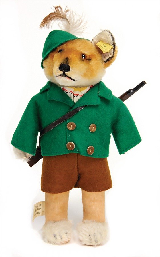 STEIFF Pupp-fox, jack, '50s, 22 cm, button and cloth: STEIFF Pupp-fox, jack, '50s, 22 cm, button and cloth tag label, No. 325, with U.S. cloth tag label, original clothes, very nice original condition, with gun German Description STEIFF Pupp-Fuchs, Bube,