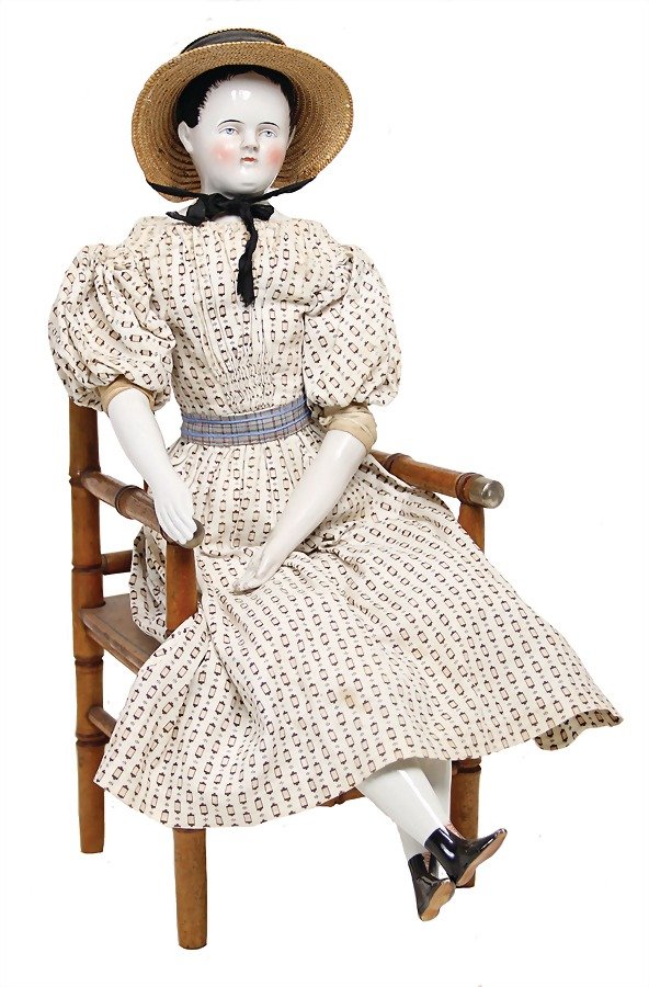 enameled shoulder headed doll, Biedermeier, 53 cm, blue (1 of 1)