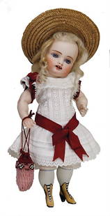 exceptional all-bisque doll, marked 14, 26 cm, socket: exceptional all-bisque doll, marked 14, 26 cm, socket head, blue sleepy eyes, opened mouth, 2 upper teeth, jointed arms and legs, different postures of hands, fine modelled boots and socks, mohair wig