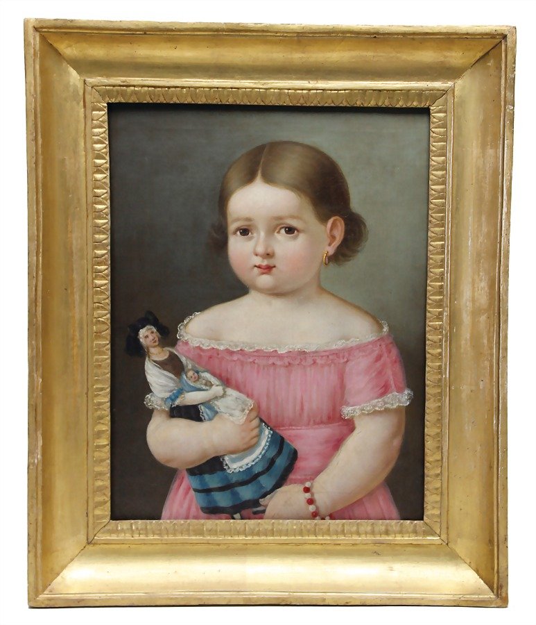 BIEDERMEIER portrait of a child with 2 dolls, oil on (1 of 1)