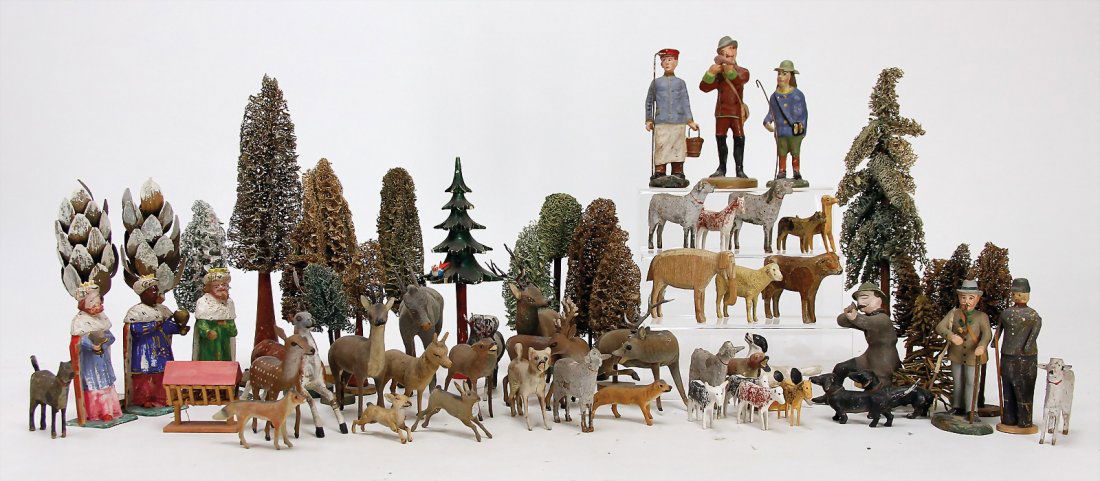 treasure chest, mass and wood figures, c. 30 pieces, (1 of 1)