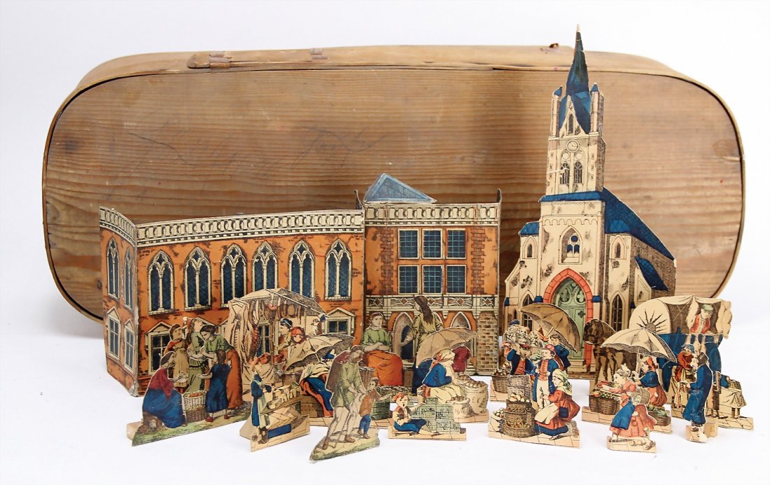 big mixed lot setting up game pieces that are made of: big mixed lot setting up game pieces that are made of of paper , crib, landscape, trees, animals, partially lithographed, partially painted, richly, in a box made of chipboard German Description gr. K