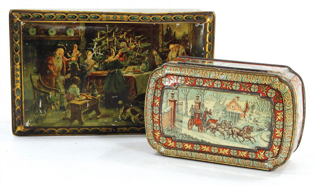Christmas box, lithographed sheet metal, with a scene:: Christmas box, lithographed sheet metal, with a scene: handing out of presents, width: 23 cm, height: 9 cm, small tender spot at the side, with small scratches on the paintwork that are caused of old