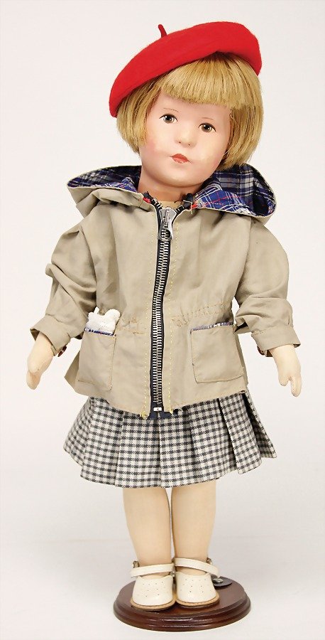 KÄTHE KRUSE girl, plastic head, real hair wig,: KÄTHE KRUSE girl, plastic head, real hair wig, fabric body, with straight legs, 44 cm, old clothes and shoes German Description KÄTHE KRUSE Mädchen, Kunststoffkopf, Echthaarperücke