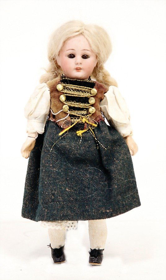 SIMON & HALBIG doll with porcelain head, marked: SIMON &amp; HALBIG doll with porcelain head, marked 1078, brown sleepy eyes, opened mouth, teeth, real hair wig, on a jointed&nbsp; mass body, 21 cm, old clothes German Description SIMON &