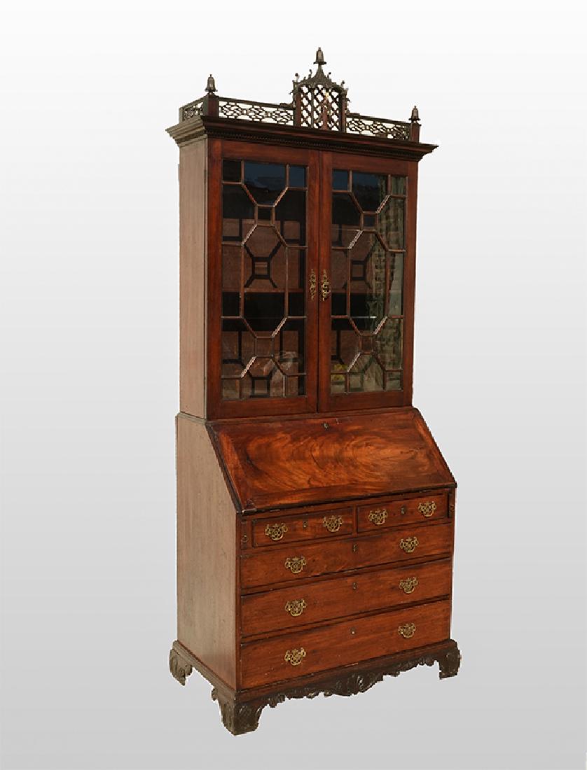 18TH C. CHINESE CHIPPENDALE SECRETARY BOOKCASE: 18TH CENTURY CHINESE CHIPPENDALE SECRETARY BOOKCASE: Late 18th century mahogany Chinese Chippendale secretary. Lattice work crest with central pagoda form, figural Chinese maiden with antique ivory he