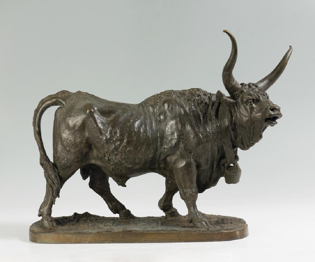 LEON MIGNON TAREAU BRONZE: MIGNON, Leon, (Belgian, 1847-98): "Tareau (Bull)", 19.5" h x 23" w x 7.5" d, incise signature on base, marked Rome, foundry mark from Cie De Bronzes incised in base from Bruxelles.