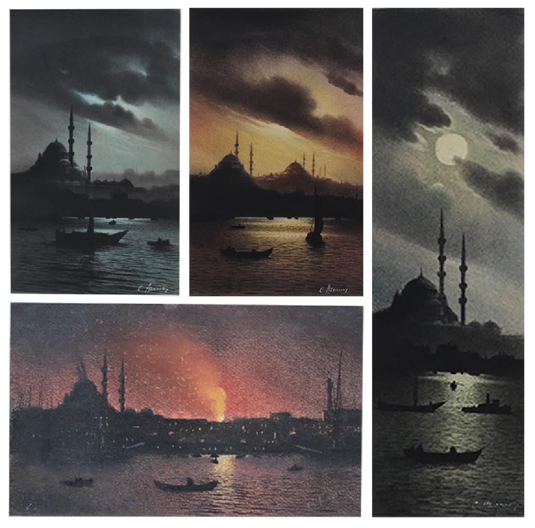 FOUR PIECE ONNIK AZARIAN CONSTANTINOPLE PASTELS: AZARIAN, Onnik, (Armenian, 1883-1935): Four Pastels: 1) View from Harbor with Mosques in the Distance, 14.25"x 8", signed lower right, bonded to a backboard, overall measurement 19" x 13"; 2) View of 