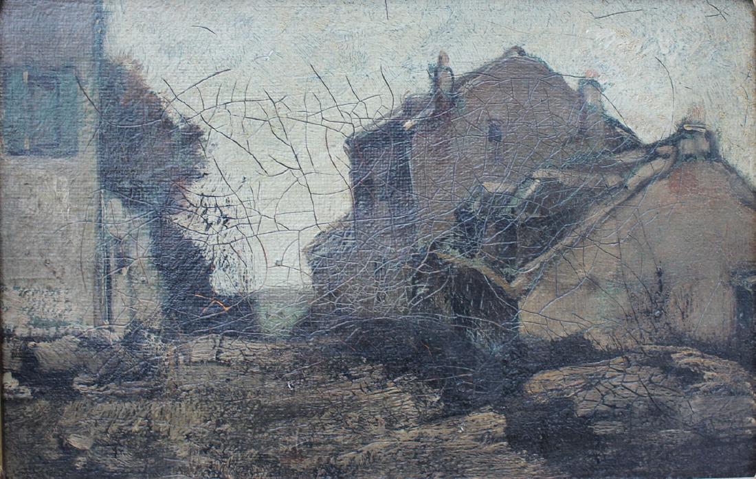 WILLEM VAN DEN BERG VILLAGE PAINTING: VAN DEN BERG, Willem, (Netherlands, 1886-1970): European Village, Oil/Canvas, 8'' x 12'', pierce carved and gilded frame, 11'' x 15.5''.