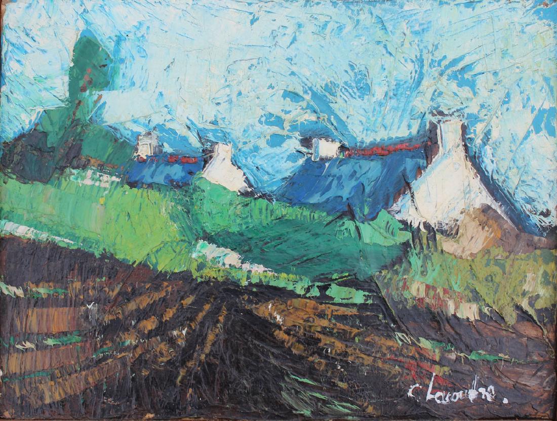 CLAUDE JEAN-PIERRE LACOUDRE VILLAGE LANSCAPE PAINTING: LACOUDRE, Claude, (French, 1935-1988): Palette Knife Village Landscape, Oil/Canvas, 12" x 16", signed lower right, signed canvas verso and dated `67, original thin edge wood frame, 13" x 16.5". Claude