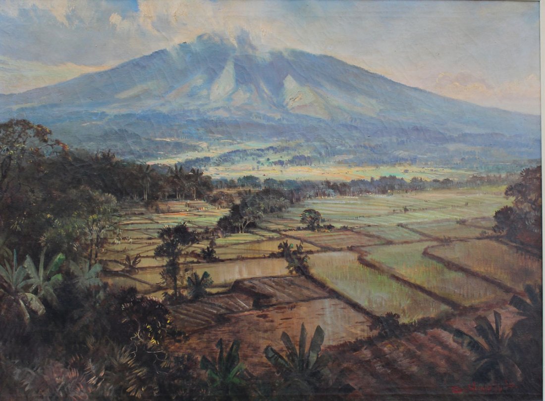 INDONESIAN RICE FIELD OIL PAINTING ABDULLAH?: INDONESIAN RICE FIELD OIL PAINTING ABDULLAH?: Oil/Canvas, 29.75" x 39.25", signed lower right, framed, 37" x 46.5".