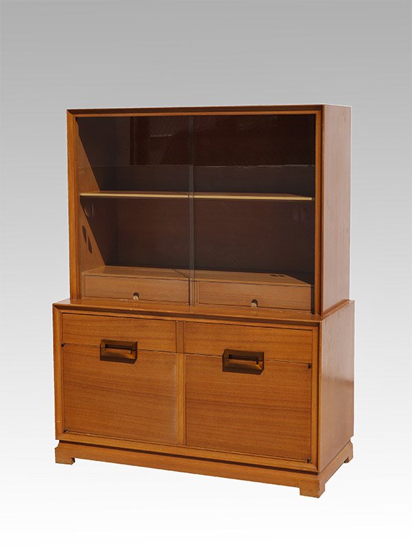 RED LION TABLE CO. MODERNE CHINA CABINET: RED LION TABLE CO. MODERNE CHINA CABINET: Top with 2 glass doors, internal shelf and 2 compartmented flatware drawers. Base with single drawer over 2 blind doors, Red Lion Table Co. tag inside drawer.